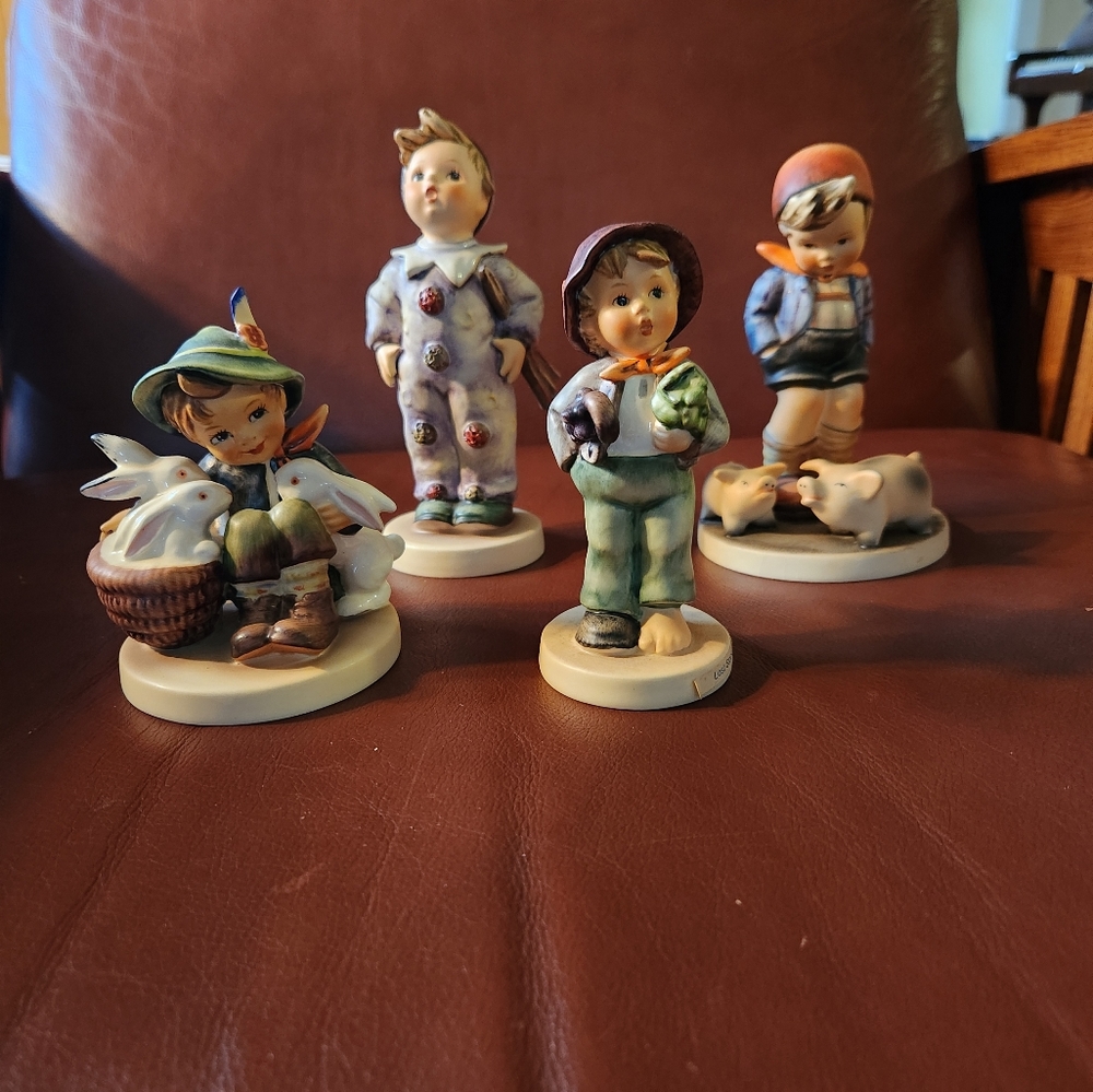 4 Hummel Figurines Farm Boy, Playmates, Lost Stocking, Carnival TMK6